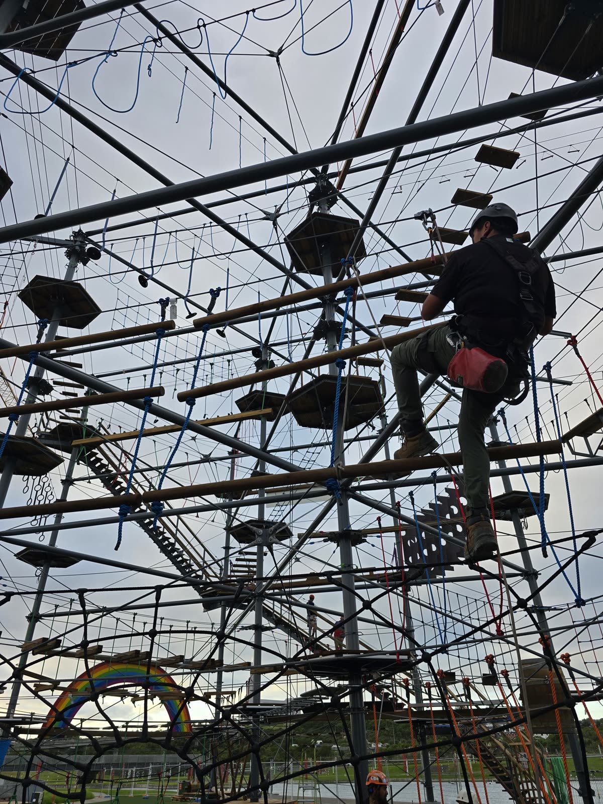 Installation work across the three levels of the Wero Climb structure