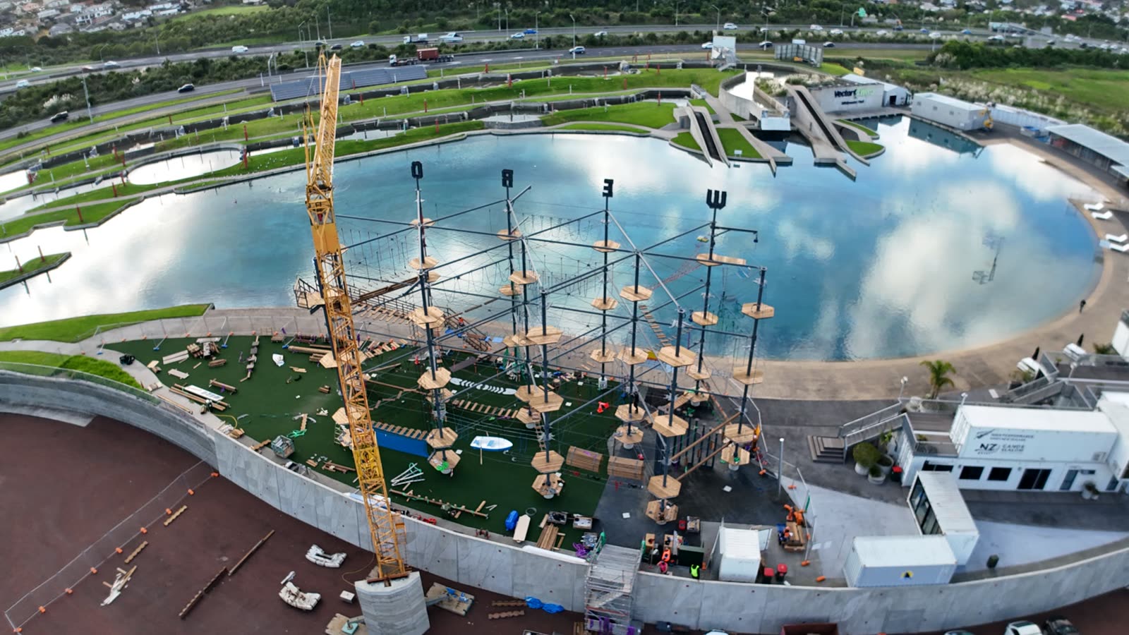 Wide drone view of the climbing structure at Wero Whitewater Park